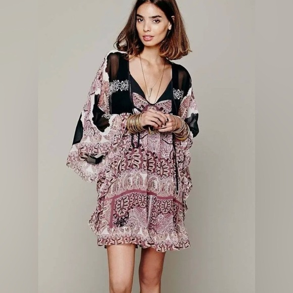 FREE PEOPLE Bohemian Tunic Top Dress Dusty Rose & Gray Brown Size S/P 🌸 - Picture 15 of 16